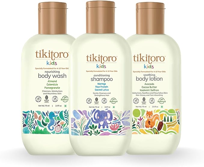 Tikitoro Kids Starter Pack 100% Vegan with Nourishing Body Wash, Soothing Body Lotion & Conditioning Shampoo, No Parabens & Sulphates (Age: 4+) (75 ml x 3) - Image 2
